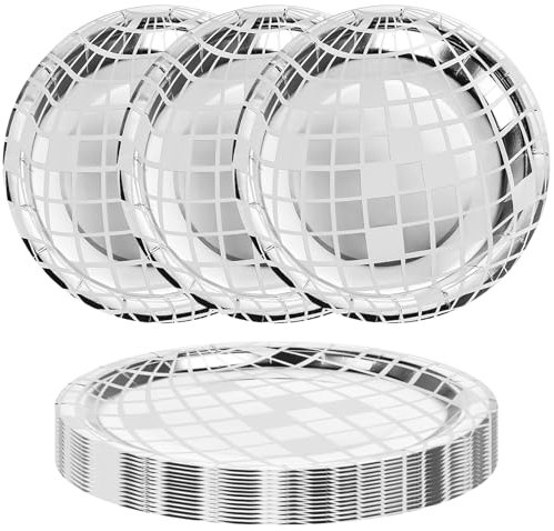 YUXIANLB 25Pcs Disposable Disco Ball Plates for 70s Disco Bachelorette Party Decoration Wedding Birthday Plate 7 (Silver)