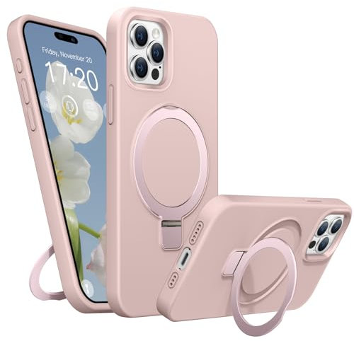 BENTIACC Liquid Silicone Case for iPhone 15 Pro, Magnetic Rugged Stand Ring, 4-Layer Shockproof Protective Case with Soft Microfibre Lining, Scratch Resistant (Pink)