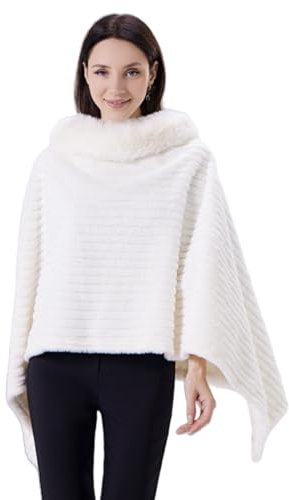Miaikvs Damen Pullover Strickschal Cape Schal mit Pelzkragen Poncho Wrap Schal(weiß)