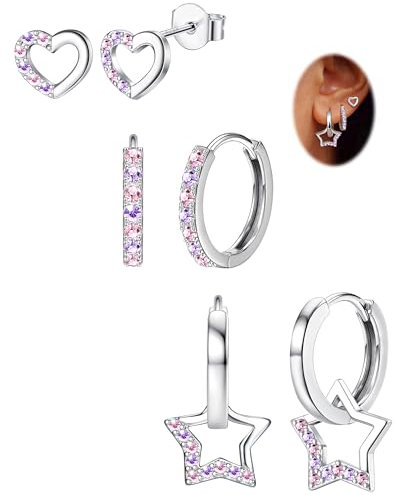 JeweBella 3 Paar Ohrringe Silber 925 für Damen Mädchen - Set Ohrstecker Creolen Herz Stern Earrings Stapelbar Hängend - Kinder Rosa/Blau/Lila