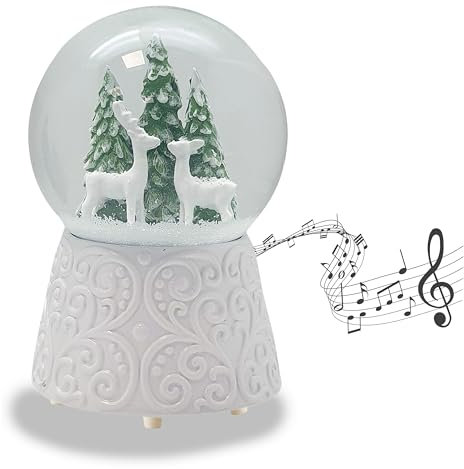 Schneekugel Weihnachten Spieluhr | 2 Rehe Tannenbaum | Ornament Sockel weiß | Höhe 140mm Breite 100mm | Spieluhr | 20279