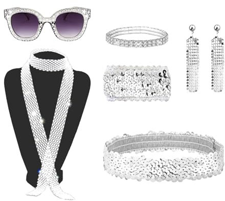 6 Stück Disco Accessoires 70er Jahre Kostüm, Disco Outfit Damen Glitzer Accessoires Fasching Disco Brille Pailletten Stulpen Haarband Hippie Accessoires Discokugel Kostüm für Fasching Karneval Kostüm