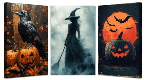 JOSUE 3 Teilig Orange, schwarz Halloween Bilder Leinwand Modern, Kürbis Tier Hexe Bild Wandbilder Wohnzimmer Schlafzimmer Wanddeko-50x70cmx3 Gerahmt