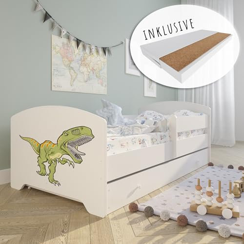 Kids Collective Kinderbett 80x160 cm mit Matratze und Schublade, Rausfallschutz & Lattenrost in weiß mit Dinosaurier Motiv V Komplettbett Jugendbett Einzelbett Holz