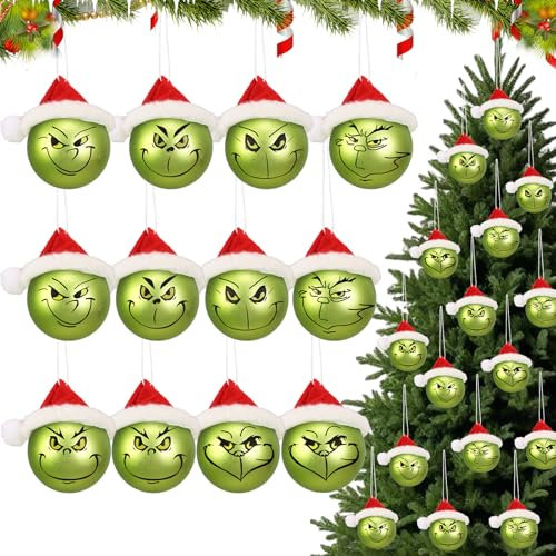 XehCaol Weihnachtsbaumkugeln Lustige Weihnachtskugeln Satz Christbaumkugeln Kunststoff Weihnachtskugeln Weihnachtsbaumschmuck Urlaub Hängende Ornamente Dekoration (Grinch mit Weihnachtsmütze-12pcs)