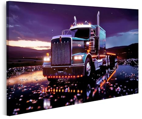 islandburner Prime Bild auf Leinwand LKW mit Lichtern bei Nacht und Regen für Wohnzimmer Auto-Enthusiasten Autohaus Bilder Wandbilder Poster