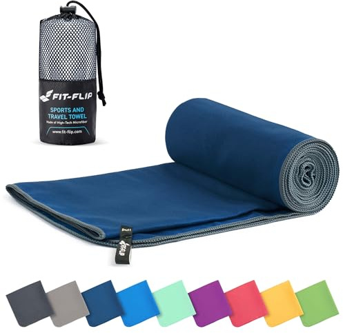 Fit-Flip Microfibre towel - compact, ultra lightweight & quick dry - perfect for gym, travel & beach - swimming towels for sports, camping & hiking (70x140cm deepblue-gray + bag)