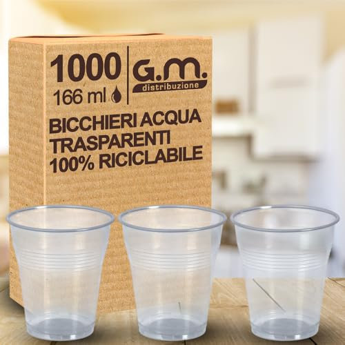 G.M. DISTRIBUZIONE 1000 Pezzi Bicchieri Acqua in Plastica Trasparenti da 166 ml, Riciclabili, Extra Rigidi e Super Resistenti, Usa e Getta, Ideale per Casa, Ufficio, Asporto Bevande Fredde