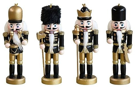 XFUYI Hanging Ornament Figures Gold & Black Glittered Christmas Wooden Soldier Nutcrackers Tree Ornament