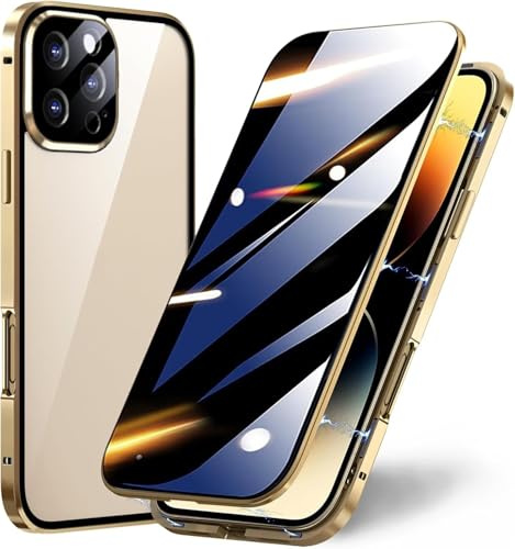 Yoursea Magnetic Privacy Case for iPhone 14 Plus,360 Degree Front and Back Privacy Tempered Glass Cover, Anti SPY Screen, Anti Peep Magnetic Adsorption Metal Bumper with Lens Protector Gold