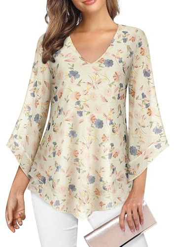 Gemulate Yellow Floral Tops for Women UK Ladies Tops Chiffon Top for Women UK Deep V Neck Loose Flowy V Neck Chiffon Top Double Layers Mesh Shirts Wedding Guest Outfits Yellow Floral M