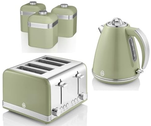 Swan Retro Green 1.5L 3KW Jug Kettle, 4 Slice Toaster, Bread Bin and Set of 3 Tea, Coffee, Sugar Canisters. Retro Design Matching Kitchen Set of 5 in Green