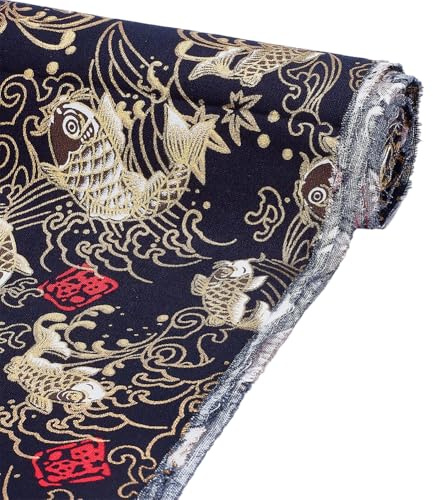 FINGERINSPIRE 1m Tissu Japonais en Coton Noir 152cm de Large - Motif Poissons Style Traditionnel, Matière Douce et Légère pour Kimono, Yukata, Vêtements DIY, Décoration D'Intérieur