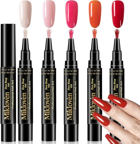 5PCS Gel Nail Polish Pen Set for Women, 3-in-1 Nude Fuchsia Red Soft Pink Orange Shades, Easy-Use Twist Nail Pens for DIY Nail Art, UV-Cured Quick-Dry Glossy Finish Travel Manicure Pens