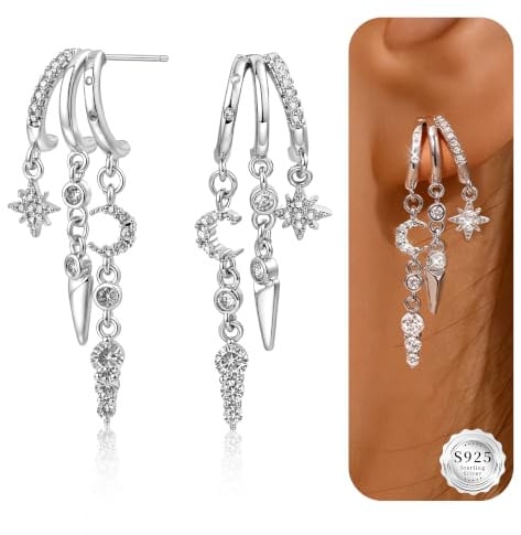 Chihayafuji Ohrringe Silber 925 für Damen 14 Karat Vergoldete Triple Illusion Huggie Creolen Gothic süße Mond Stern Kreuz Hängeohrringe Ohrringe Damen Schmuck
