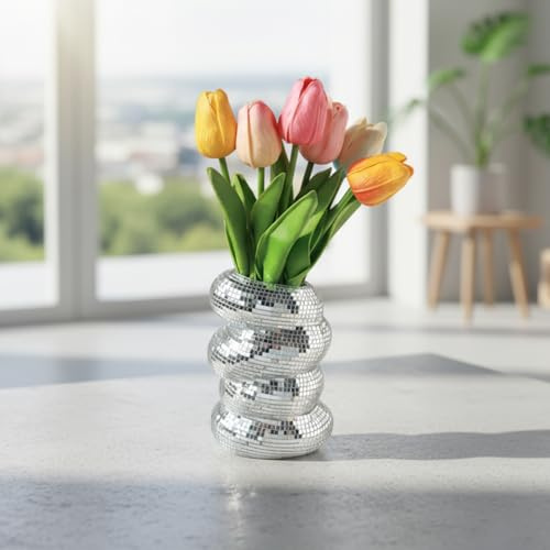 Discokugel-Übertopf, Silberne Spiegelvase mit spiralförmigem Mosaik-Design, 15, 2 cm, einzigartiger Blumentopf für Sukkulenten, Tischdekoration und Heimdekoration, Discokugel-Vase