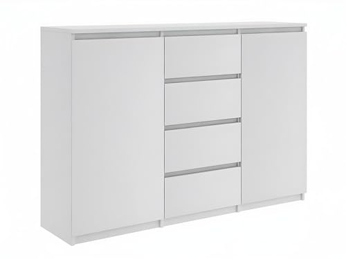 EMIX24.DE Kommode Weiß mit 2 Türen und 4 Schubladen, Modernes Sideboard für Wohnzimmer und Schlafzimmer, 120 x 99 x 35 cm