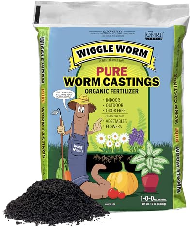Wiggle Worm 100% Pure Organic Mineral-Dense Worm Castings Fertilizer, 15lbs - Improves Soil Fertility and Aeration for Growing Better Houseplants, Vegetables, and More