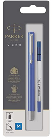 Parker Medium Point Vector Rollerball Pen, Blue with Chrome Trim, Blue Ink, Blister Pack