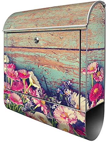 banjado® Design Briefkasten mit Blumenpfücken 38,5x46,5x13cm & 2 Schlüssel - Briefkasten Stahl Silber mit Zeitungsfach pulverbeschichtet - Postkasten A4 Einwurf inkl. Montagematerial