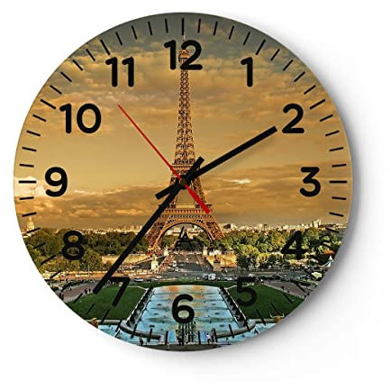 Modern Wanduhr Eiffelturm Frankreich Paris 40x40cm Rund Groß Wand Uhr Glas Analog Zimmeruhren Küche Büro Wohnzimmer Glasuhr Wall Clock Dekoration Design Wanddekoration Küchenuhr C4AR40x40-0435