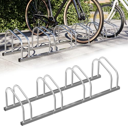 BAKAJI Soporte para bicicletas de suelo o pared, soporte de aparcamiento exterior para bicicleta, de acero, con material de montaje incluido (4 plazas)