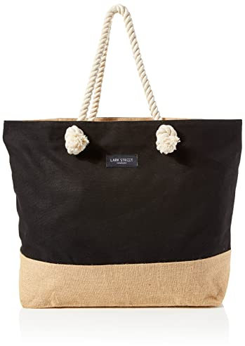 LARK STREET Strandtasche Schwarz Beach Bag für Damen & Herren aus robustem Baumwoll Canvas & Jute - Badetasche mit Breiten Kordeln für angenehmen Große Tasche mit Reißverschluss