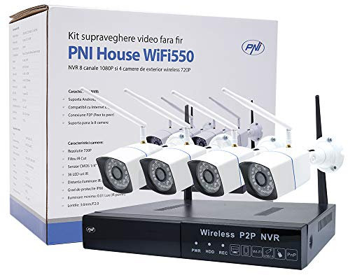 Kit di videosorveglianza PNI House WiFi550 NVR 8 canali 1080P e 4 telecamere wireless da esterno 720P, P2P, IP66