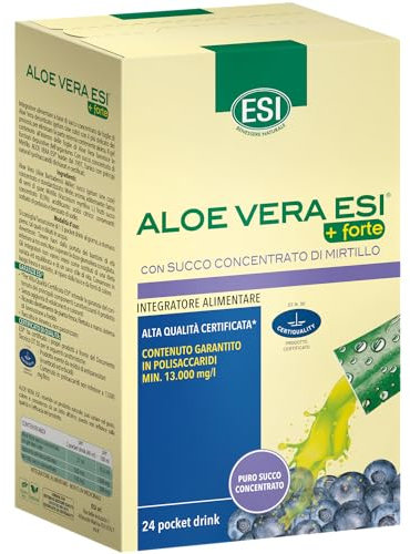 ESI - Aloe Vera+Forte, 24 Integratori Alimentare con Succo Concentrato di Mirtillo, Offre Benessere al Tratto Gastrointestinale, Senza Glutine e Vegan