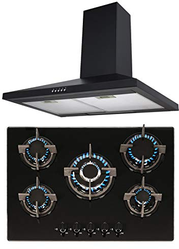SIA 70cm Black 5 Burner Gas On Glass Hob & Chimney Kitchen Extractor Cooker Hood