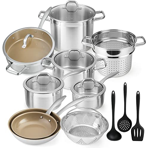 Duxtop 17pc Kitchen Cookware Set, Stainless Steel, Ceramic Non-Stick, Dishwasher Safe, Induction Compatible, Knife Sharpener
