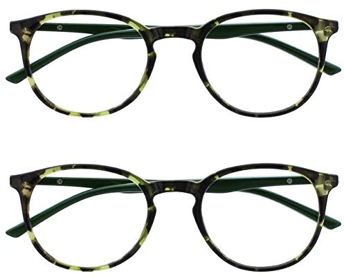 OPULIZE Met Lesebrille 2er Pack Schlank Runder Rahmen Federscharniere Kratzfest Grün Schildpatt Solide Bügel Herren Damen RR60-6 +1.50