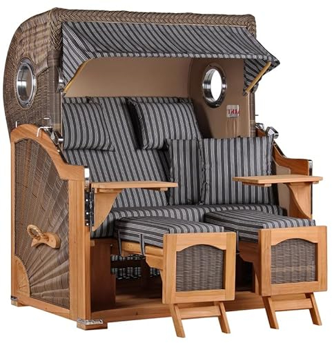 MR. DEKO® Strandkorb Düne Teak 2-Sitzer Bullauge | PE Geflecht Grey | Volllieger Strandstuhl verstellbar | inkl. 4 Kissen Wechselpolster | Strandkörbe fertig montiert aus Teakholz | (Dessin 500)