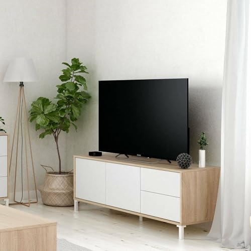 Dmora - Cary TV-Ständer, Sideboard für Fernseher mit 2 Türen, Wohnzimmer-TV-Ständer, TV-Ständer, Sideboard für Wohnzimmer, 130x41h47 cm, Eiche und Weiß