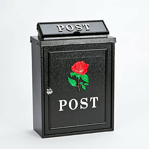 Vintage Decor by DWD® Weatherproof Post Box Rose Design-Lockable Heavy Duty Secure Wall Mounted Letter Mail Post Box Post for Walls/Gates/Garages..Charming easy to fit (Black with Red Rose)
