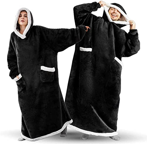 EAHOME Felpa con cappuccio extra lunga 3XL per donne e uomini, 1 pezzo, super calda e accogliente, coperta con cappuccio grande, coperta in flanella indossabile con maniche e tasca, Nero , XXL/3XL