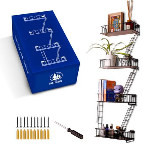 KOTIJOKI Estante de pared de escape de incendios de 4 niveles, estante flotante decorativo de Nueva York, estante de escalera de arte de pared, estantes de metal negro para dormitorio, hogar, oficina