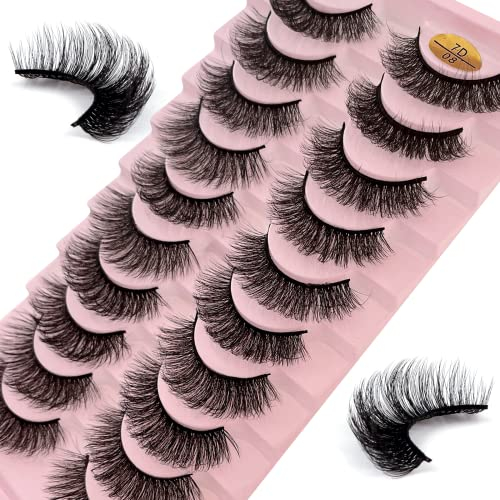 Faux Cils 10 Paires 7D Faux Vison Cils Naturel Duveteux Doux Volume Faux Cils Professionnels épais Réutilisables Dramatiques Noir Faux Cils (7D08)