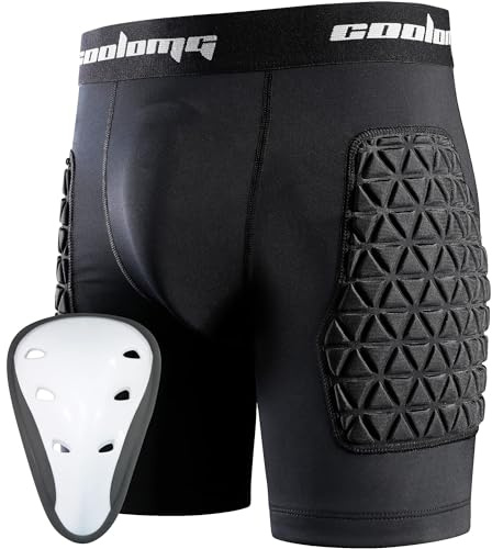 COOLOMG Youth Padded Sliding Shorts with Protective Cup Boys Baseball Compression Shorts Football Lacrosse Slider Black M