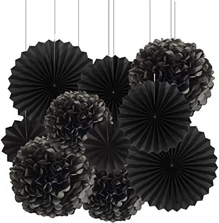 Vsosfiza Black Hanging Paper Fan and Tissue Paper Pom poms(10 Pieces)