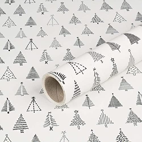 Geschenkpapier, Weiß mit schwarzen Tannen, Weihnachtspapier, 0,70 x 10 m