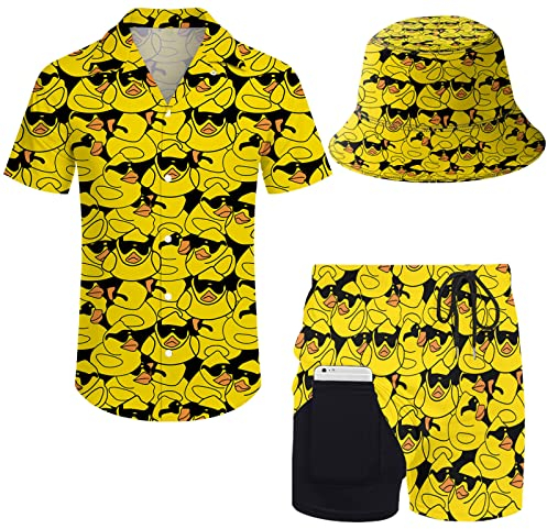 Wdpsuxin Herren-Trainingsanzug, Hawaii-Trainingsanzug, Button-Down-Shirt und Kompressionsfutter, Shorts, Sets mit Eimerhüten, 2-teilig, Sonnenbrille, Gummiente, Large