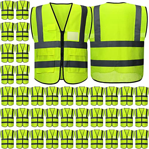 Newcotte 40 Pack Safety Vests Bulk Yellow Reflective High Visibility Vest with Mesh Pocket Zipper, Hi Vis Silver Strip for Men, Neon