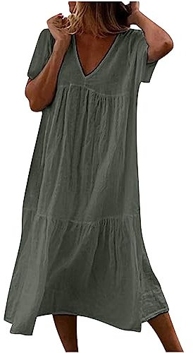 Susenstone Longue Robe Cotton en Line Blanche Col en V Ete Robe Rétro Maxi Robe Lâche Couleur Unie Bohème Ete Mi-Longue Dress Fêter Robe de Vacances à la Plage Ete Vert XXL