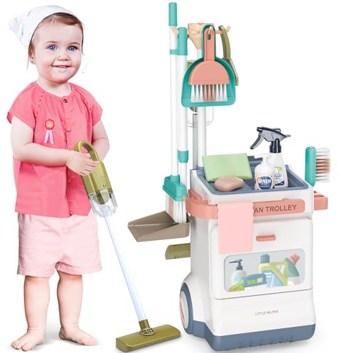 deAO Chariot à Balai Chariot de Nettoyage pour Enfants ,Balayette et Balayeur à Main, Aspirateur pour Enfants, Chiffons, Bombes Aérosols et Autres, Kit de Nettoyage Jouet, Cadeau 3 Ans+