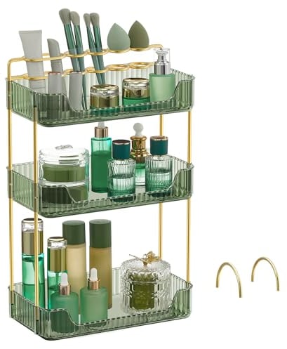 SONGMICS Makeup Organiser, 2 Types of Optional Accessories, 3-Tier Skincare Organiser, Rectangular, Customisable, Jewellery Holder, for Vanity, Gift, Pale Green JKA013C01