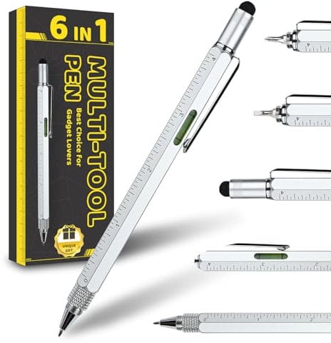 Men Valentines Day Gifts for Him Boyfriend Husband, Cool Gadgets Tools 6 in 1 Multitool Pen with Stylus, Level, Rulers, Screwdrivers, Father's Day Birthday Gift for Dad(Silver)