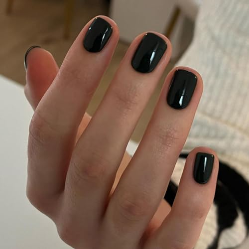 Ceboic Français Faux Ongles Court Carré Couleur Pure Press on Nails Ballerine Glossy Ongles à Coller Acrylique Pleine Couverture Ongles à Presser 24Pcs pour Femmes et Filles(Noir)