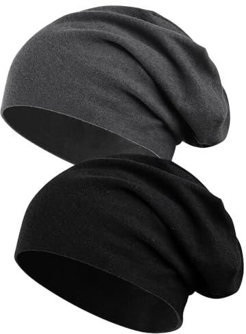 Kieswan 2 Pack Beanie Herren Mütze Damen, Baumwolle Slouch Dünne Mütze Unisex, Elastische Laufmütze Chemo Mütze für Warme Herbst Winter(Schwarz, Dunkelgrau)