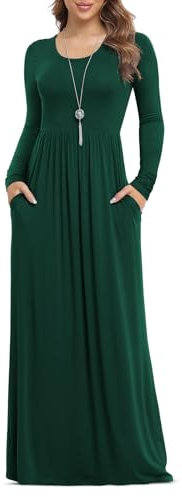 Anelune Dresses for Women Long Sleeve Loose Plain Plus Size Maxi Dresses Casual Long Dresses with Pockets Dark Green Medium